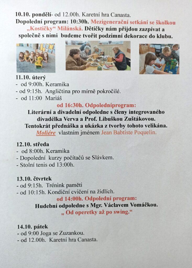 Program Klubu seniorů na říjen 1. a 2. týden