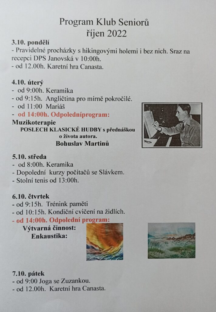 Program Klubu seniorů na říjen 1. a 2. týden