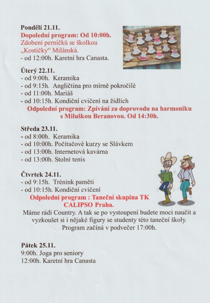 Program Klubu seniorů listopad 2022 od 21.11. do 25.11.2022