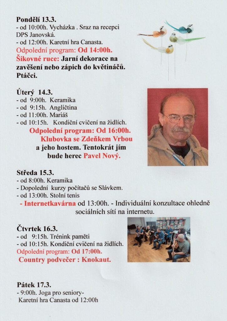 Program Klubu seniorů od 13.3. do 17.3. 2023