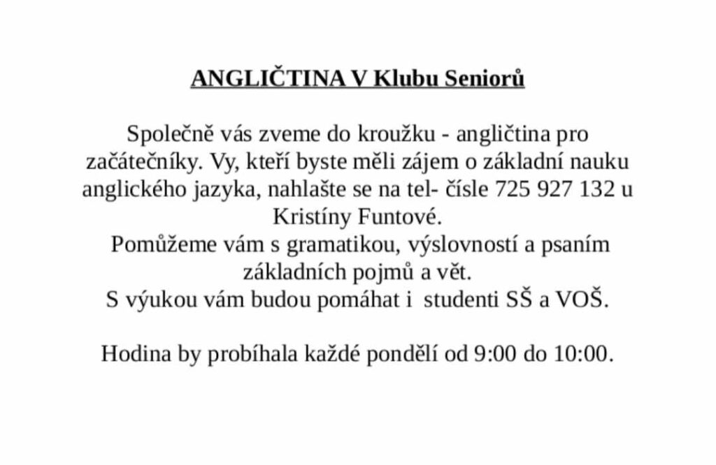 Pozvánka na lekce anglického jazyka v Klubu seniorů