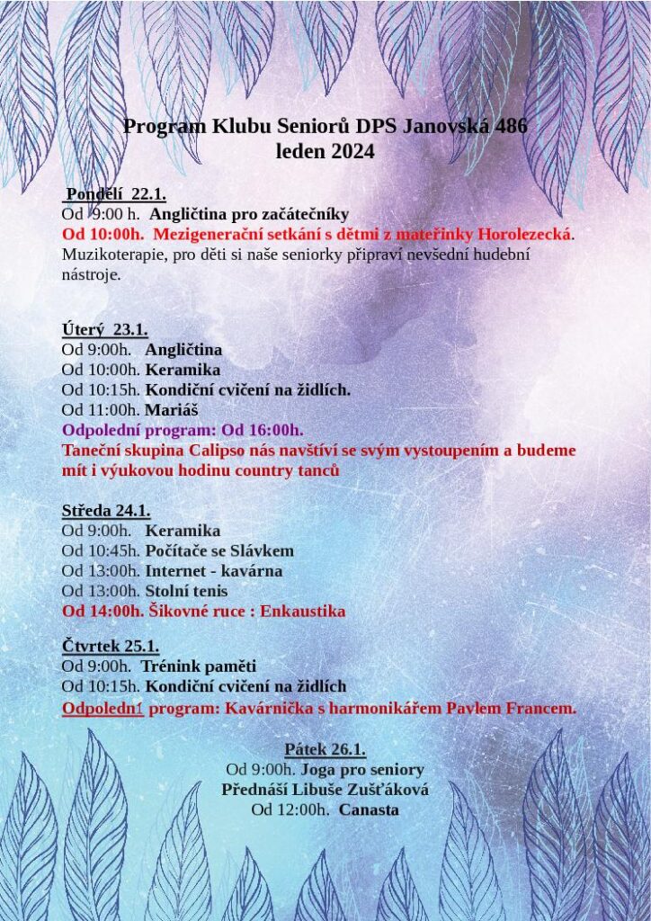 Program Klubu seniorů od 22.1.2024