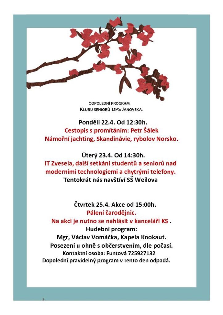 Odpolední program Klubu Seniorů DPS Janovská od 22. 4. do 25. 4. 2024