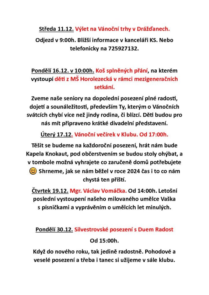 Program Klubu Seniorů od 11.12.2024 do 30.12.2024