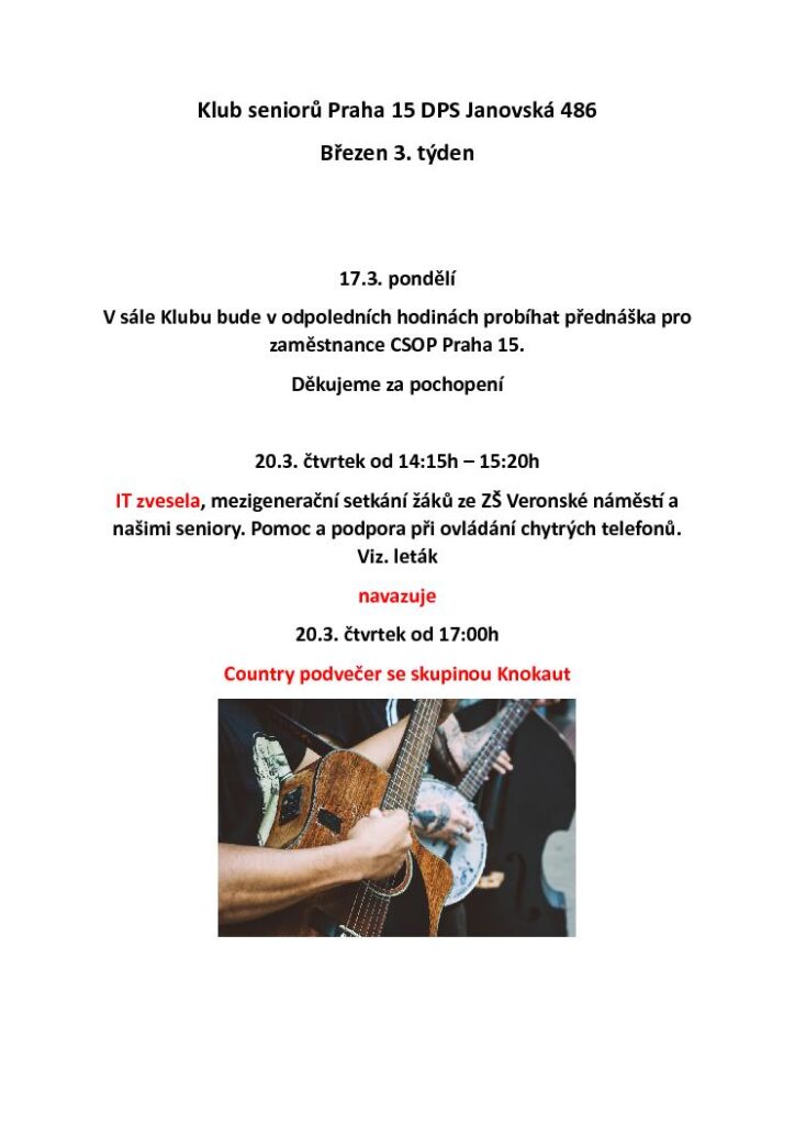 Program Klubu Seniorů Praha 15 DPS Janovská 486 březen 3. týden