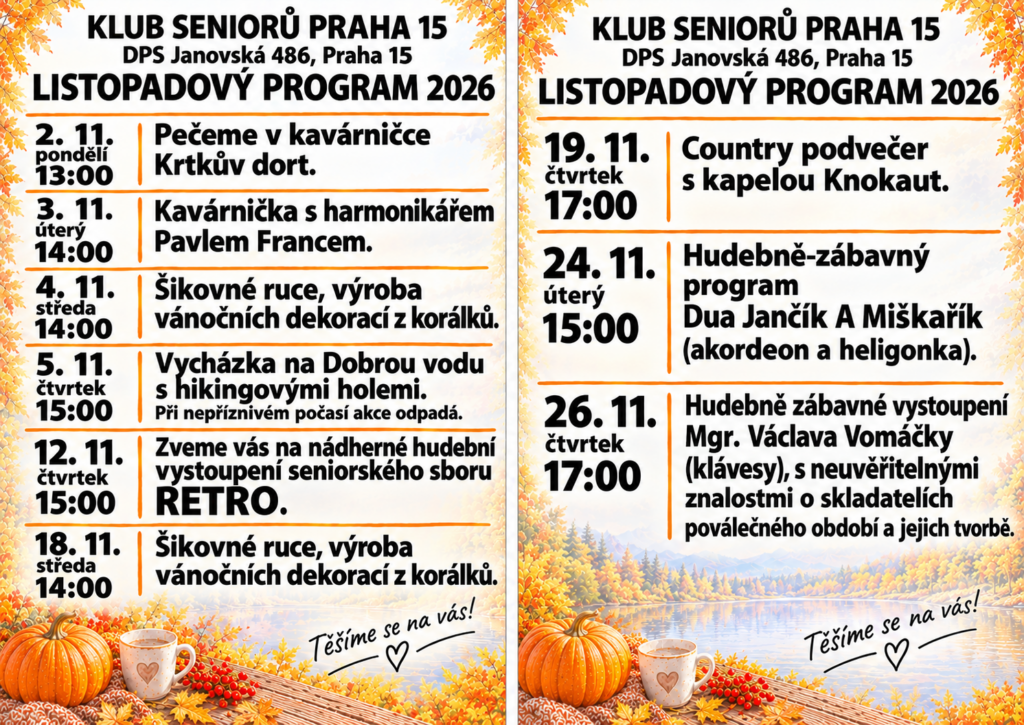 Program Klubu Seniorů DPS Janovská 486 - Listopad 2026